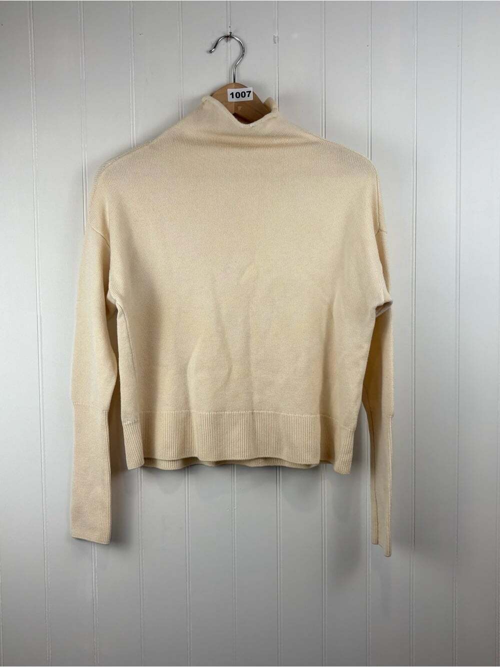 Wilfred Cream Mock Neck Sweater Cropped Minimalist Soft Knit 100% Merino Wool